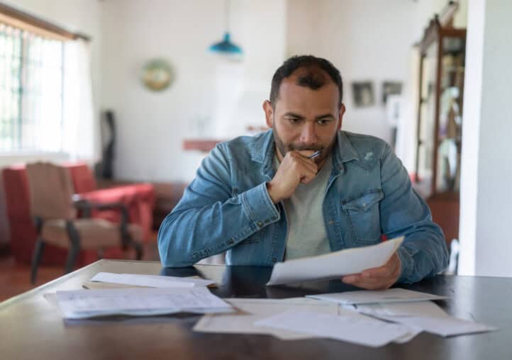 low income man checking his home finances and looking worried