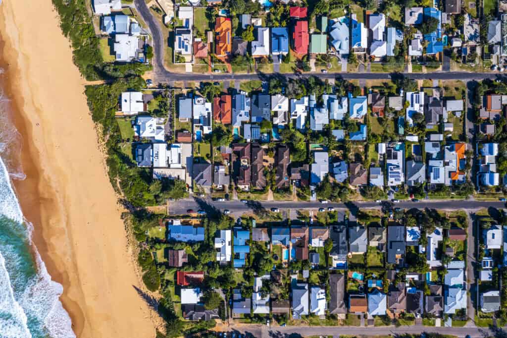 coastal suburb overhead perspective roof tops